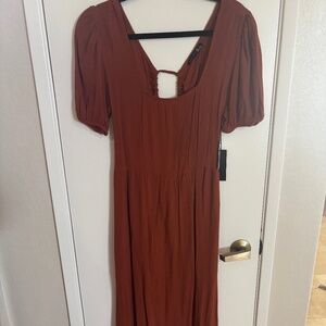 Womens Orange Woven Scoop Neck Midi